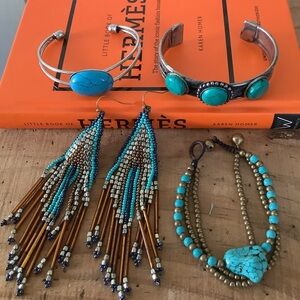 Bohemian Boho Turquoise Costume Jewelry Bundle 3 Bracelets, 1 Pair Long Earrings